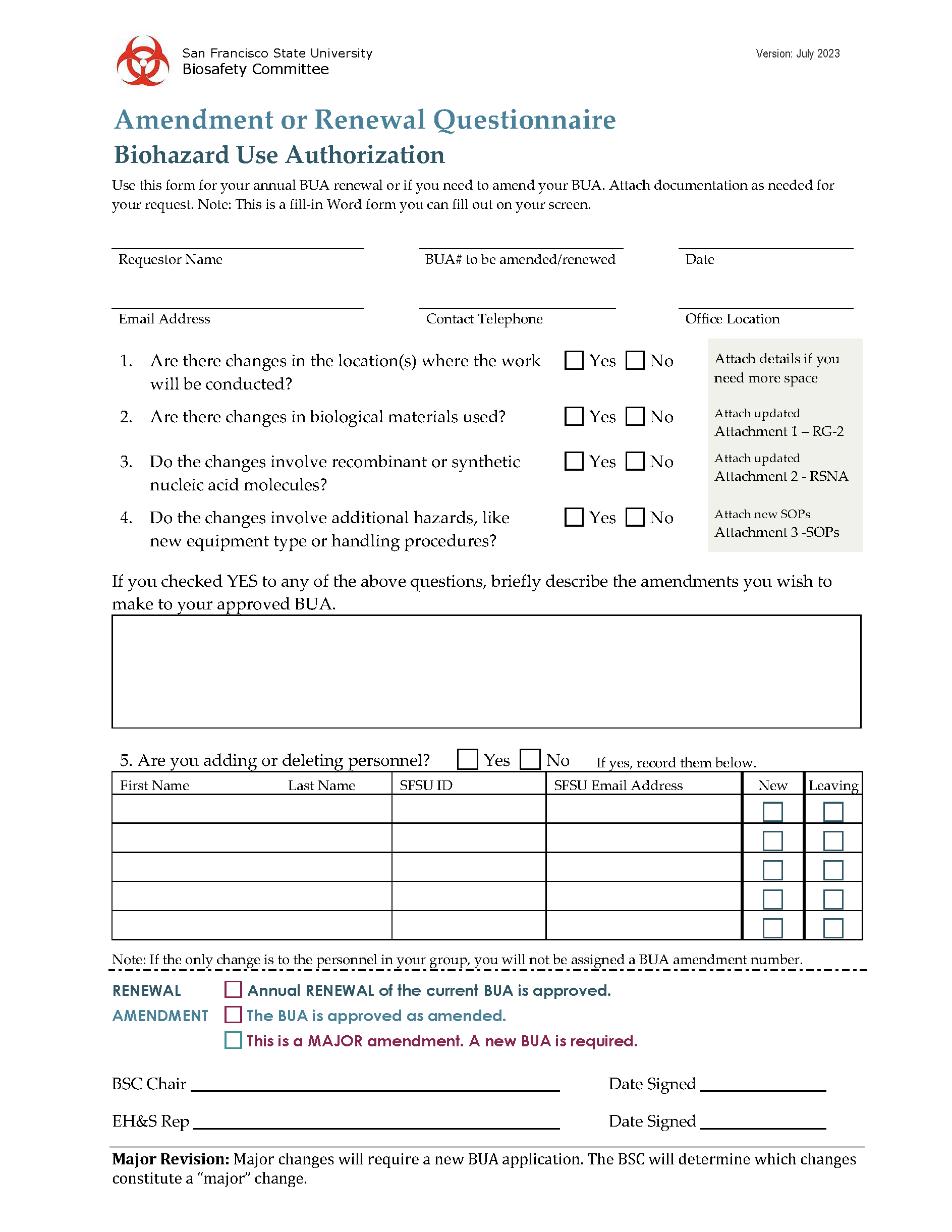 BUA Amendment or Renewal Request form