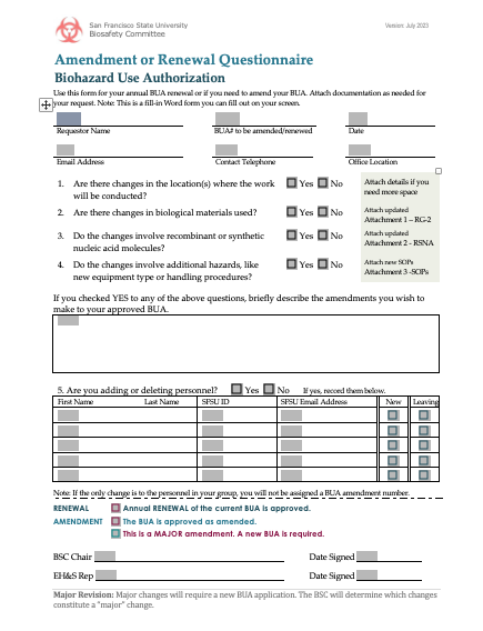 Form for amending or renewing a biohazard use authorization 
