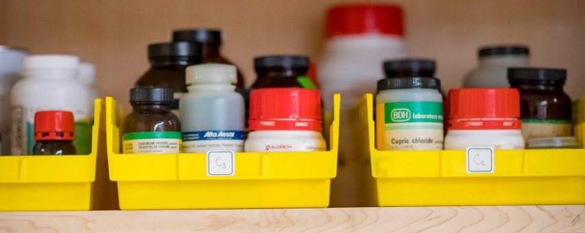 Chemical storage on a lab shelf