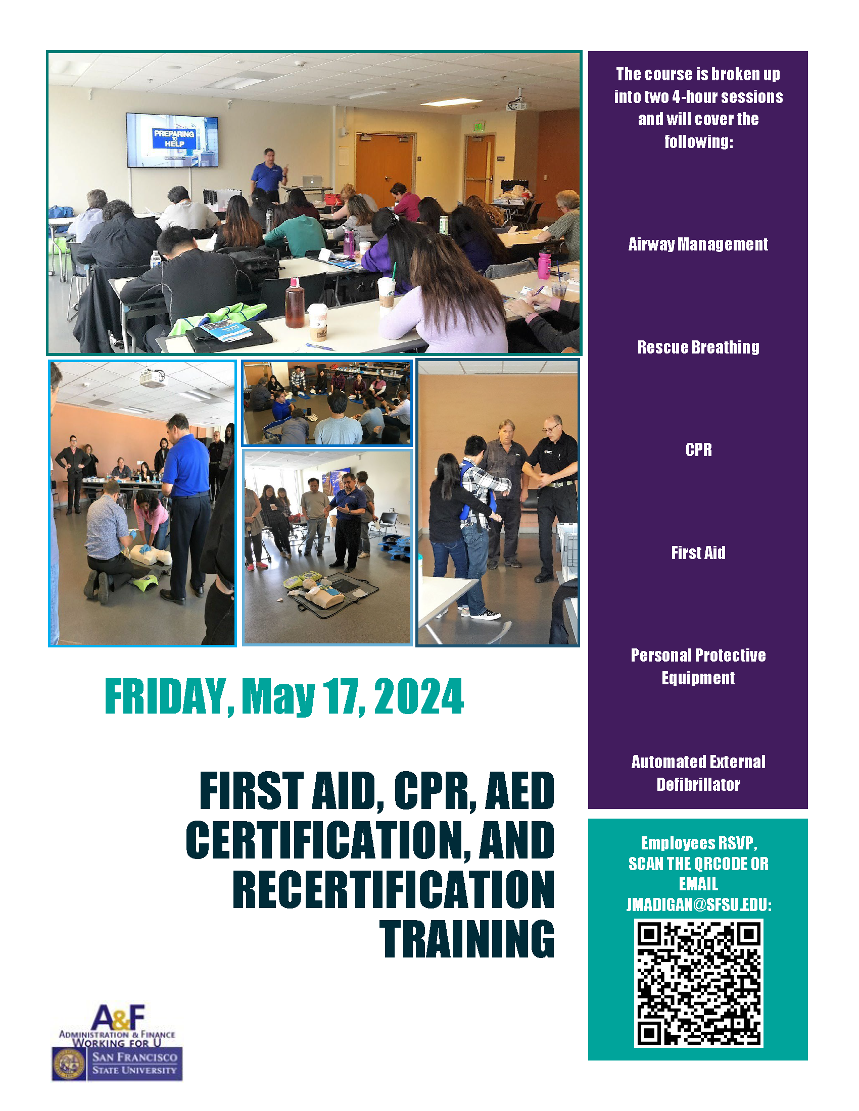Flyer for first aid CPR and AED training in May 2024