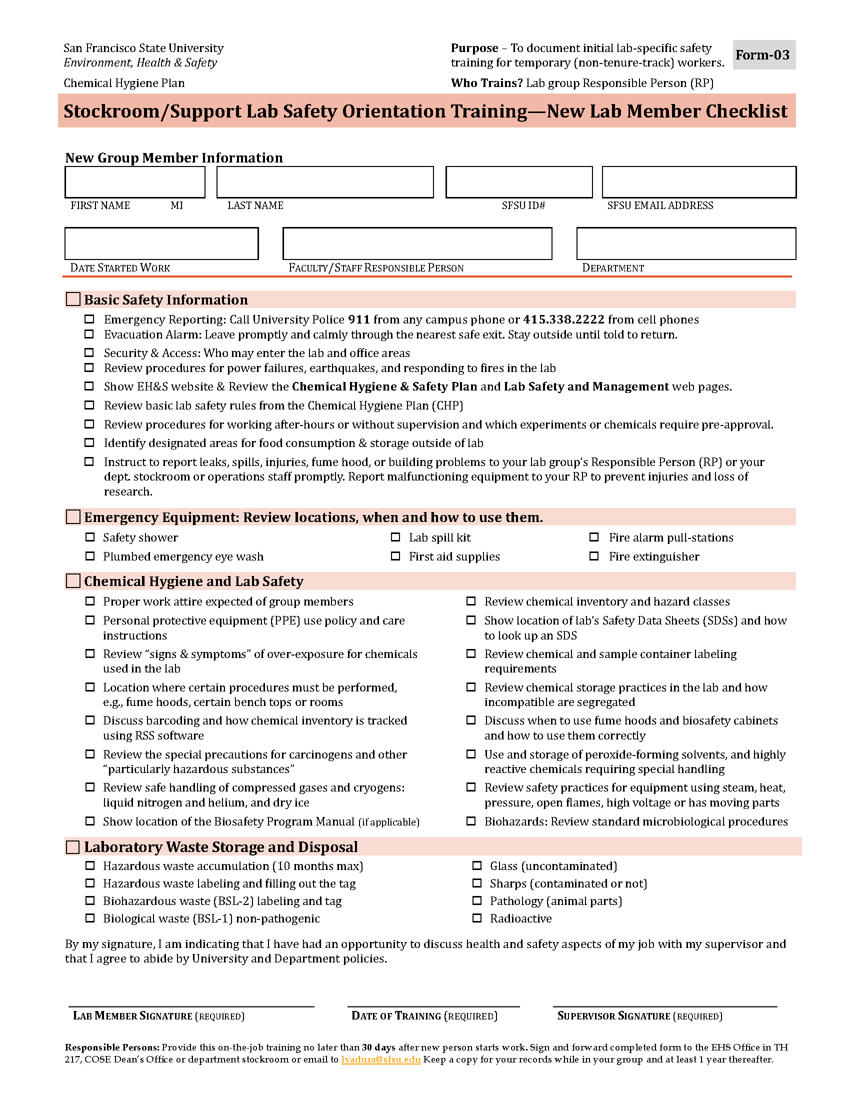New Stockroom or Support Lab or Operation member safety orientation form