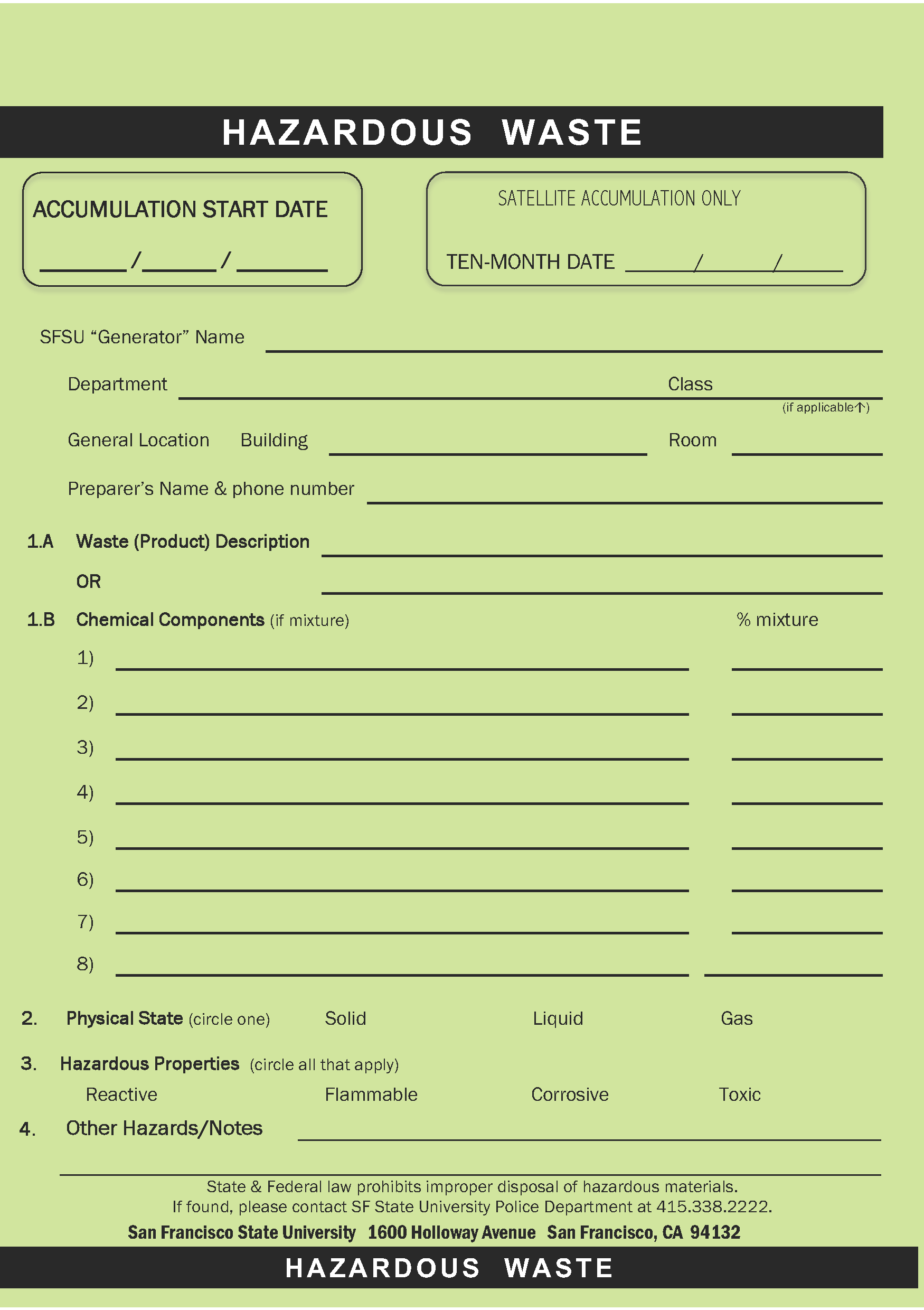 Hazardous waste id tag for the Main Campus