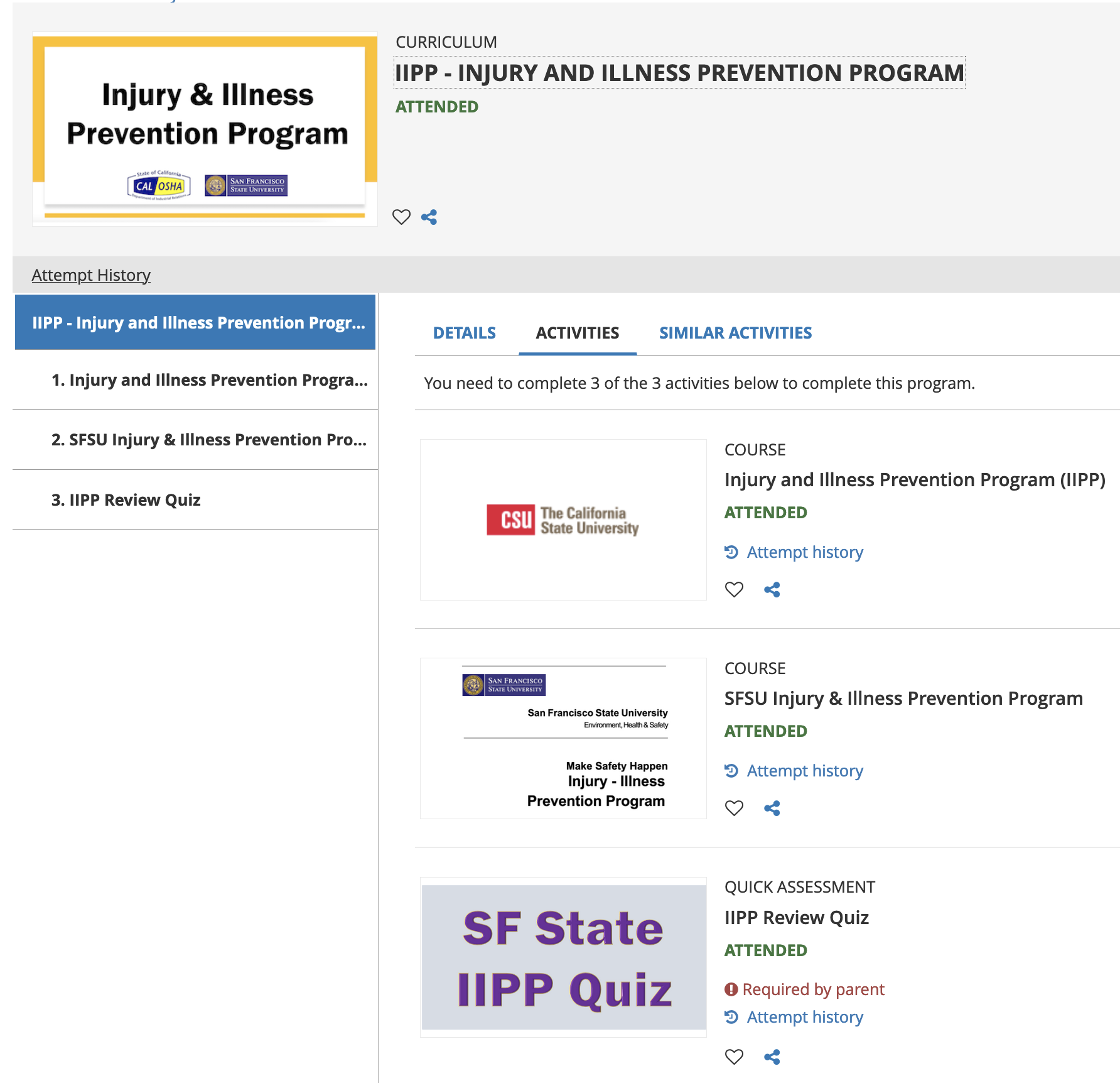 IIPP curriculum showing the 3 learning activities that must be competed