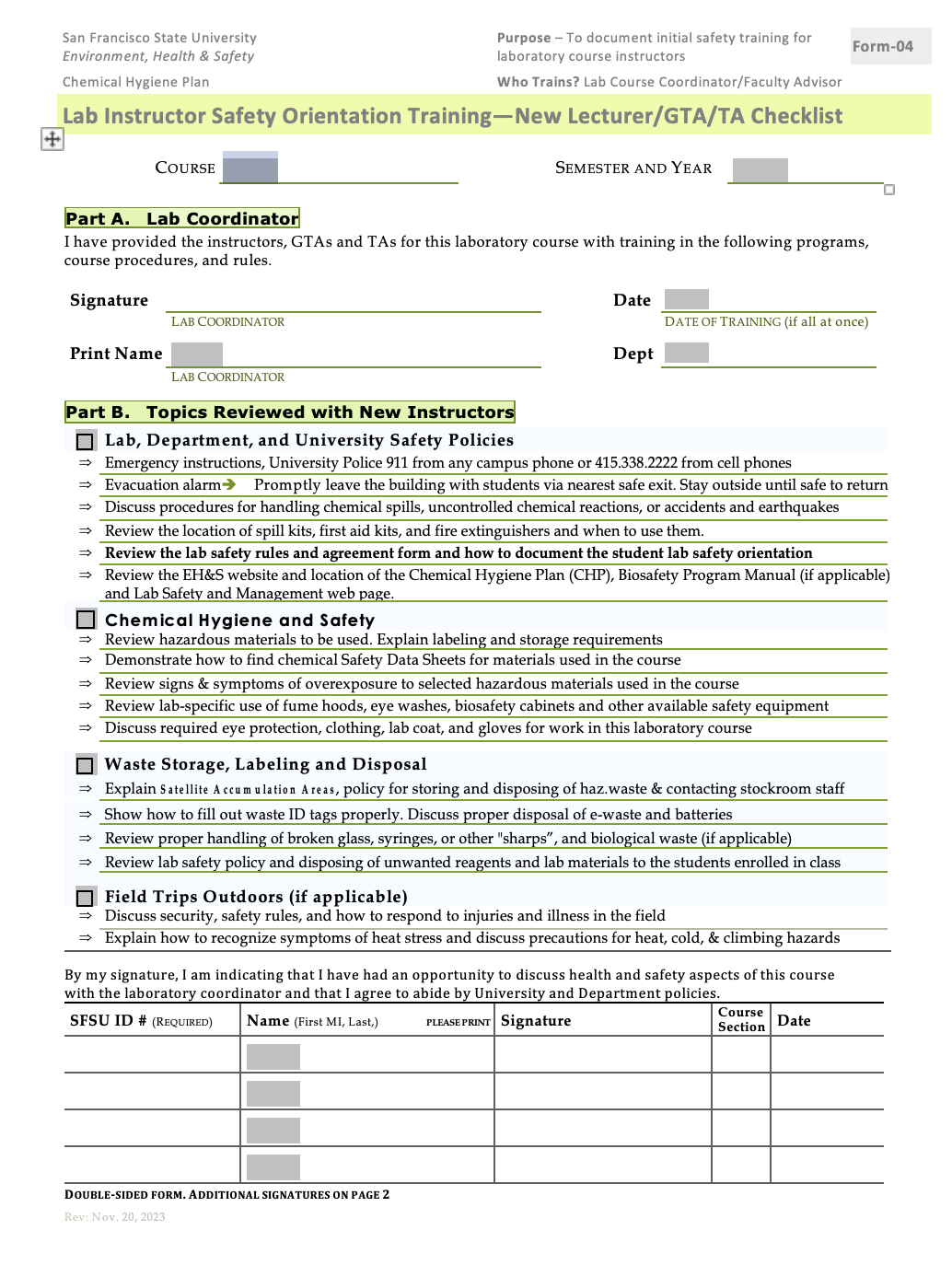 New laboratory course instructor safety orientation form