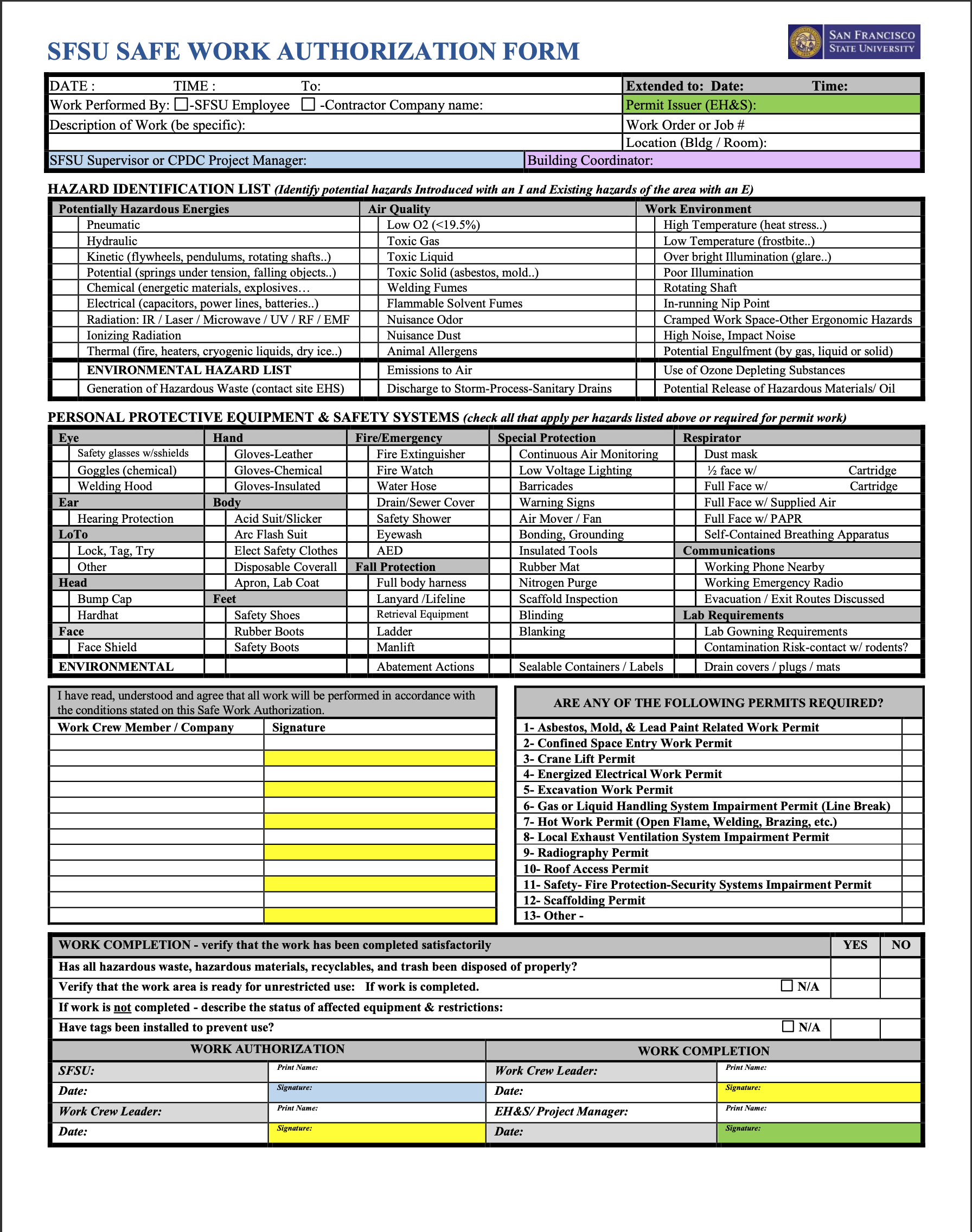 Safe Work Authorization Form 1